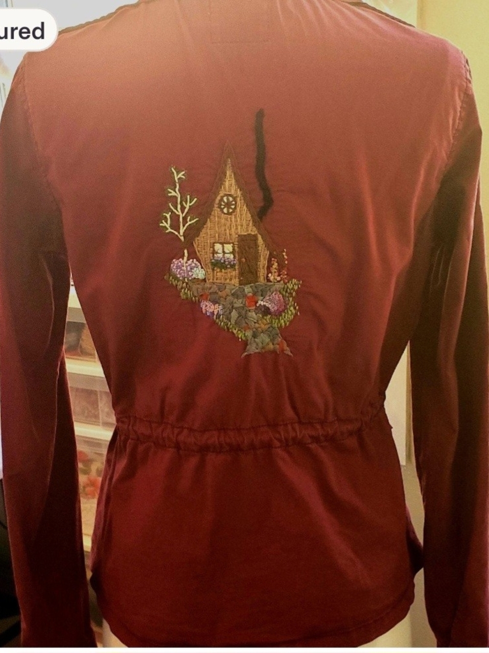 Womens Burgundy Utility Jacket with Cottage Embroidery S